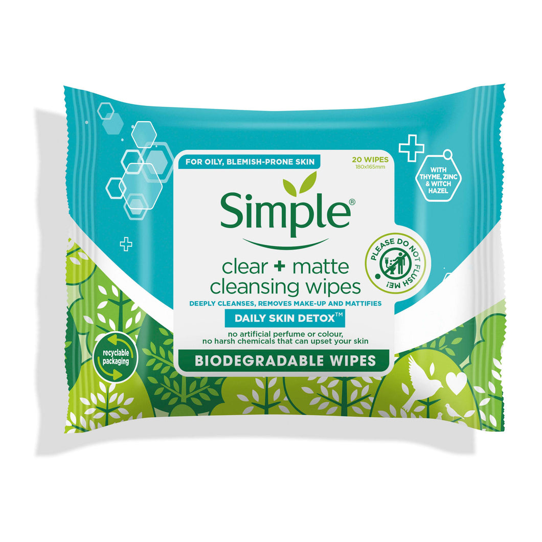 SIMPLE Clear & Matte Biodegradable Cleansing Wipes.